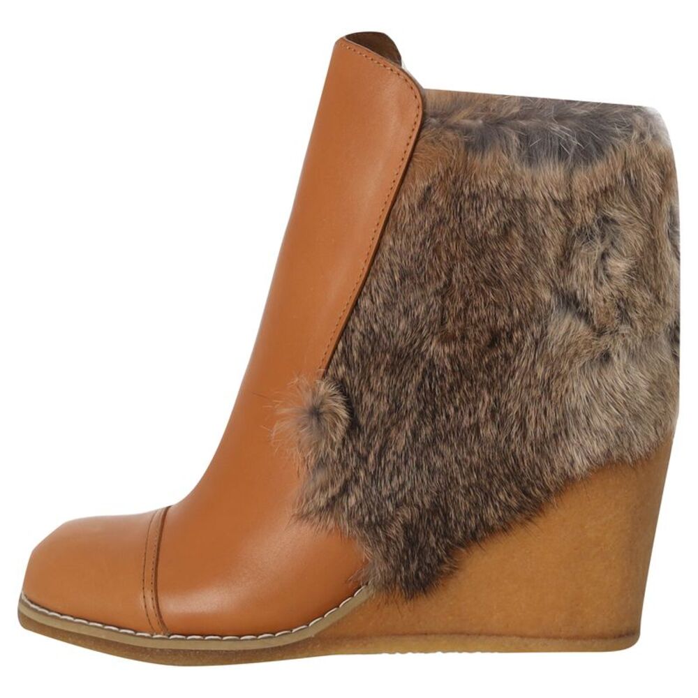 See by Chloé Fur-Trimmed Wedge Ankle Boots in Brown Leather